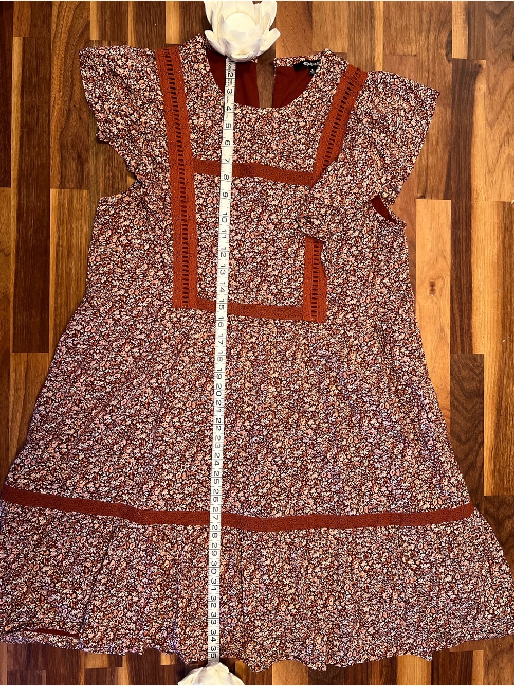 Madewell Rust and White Floral Midi Dress with Trim